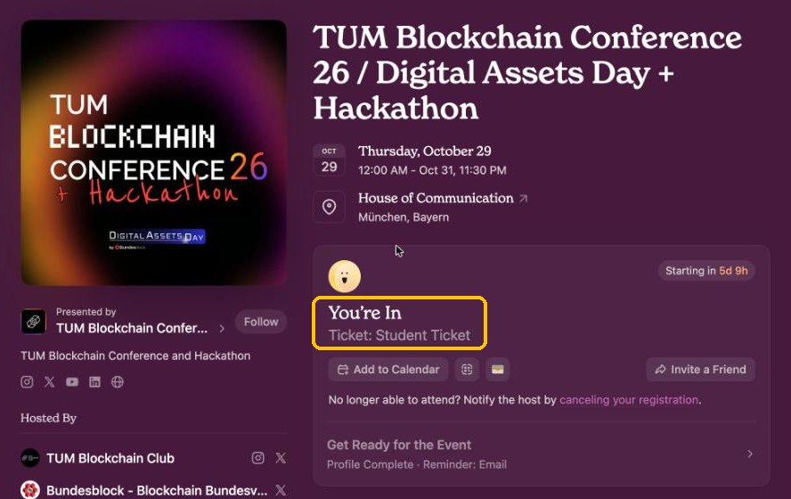 Luma event page for TUM Blockchain Conference 26 with the ticket box highlighted, showing You're In and Ticket: Student Ticket.