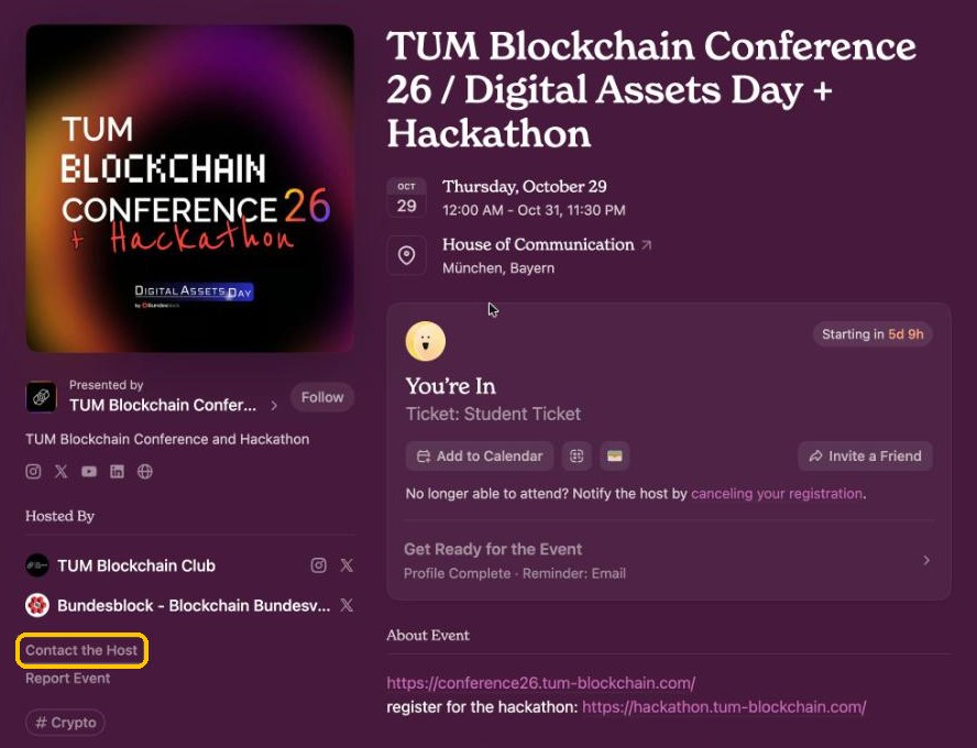 Luma event page with the Contact the Host link highlighted in the left column under Hosted By.