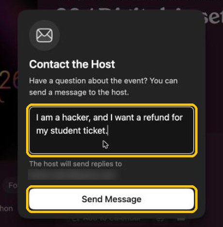 Contact the Host dialog with the refund message typed in and the Send Message button highlighted.