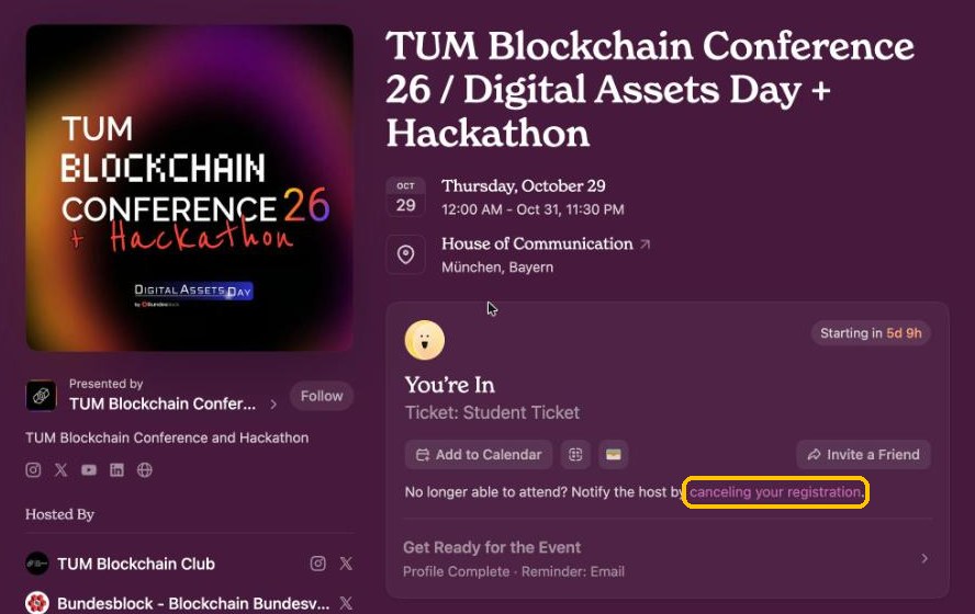 Luma ticket box with the canceling your registration link highlighted.