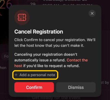 Cancel Registration dialog with the Add a personal note link highlighted.