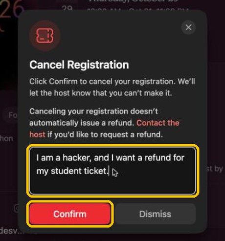 Cancel Registration dialog with the refund message in the note field and the Confirm button highlighted.
